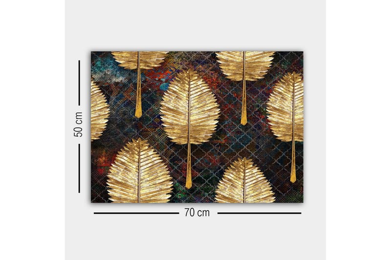 Lerretsbilde - Gylne blader i et mønstret arrangement - Gull / Mørk blå / Grønn - Innredning - Bilder & kunst - Lerretsbilder