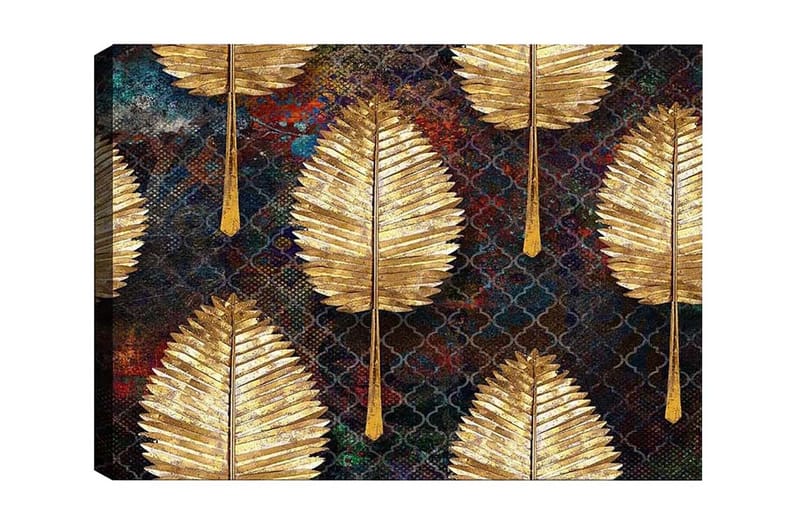 Lerretsbilde - Gylne blader i et mønstret arrangement, Gull / Mørk blå / Grønn