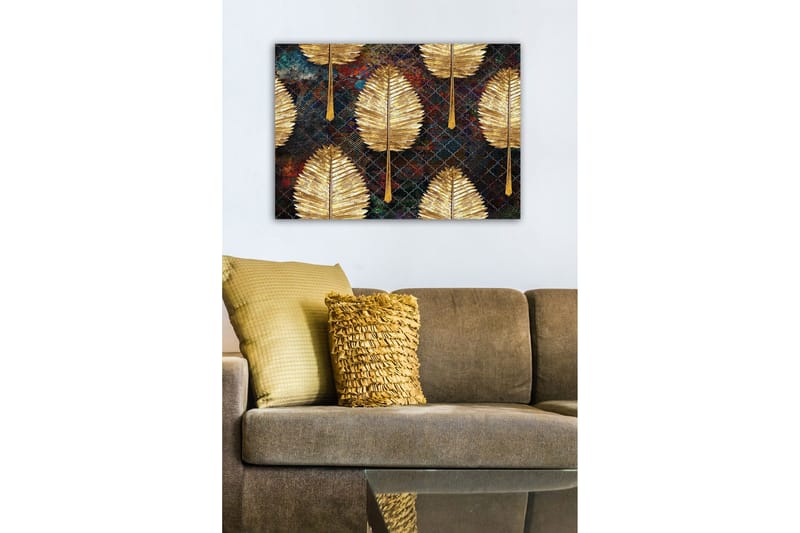 Lerretsbilde - Gylne blader i et mønstret arrangement - Gull / Mørk blå / Grønn - Innredning - Bilder & kunst - Lerretsbilder