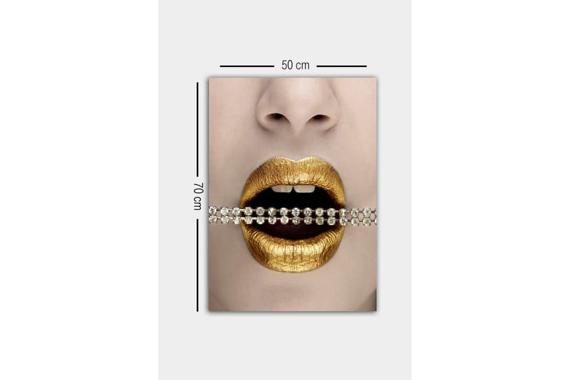 Lerretsbilde - Gylne lepper med en glitrende kjede mellom tennene - Gull / Svart / Sølv - Innredning - Bilder & kunst - Lerretsbilder