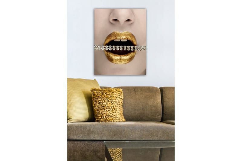 Lerretsbilde - Gylne lepper med en glitrende kjede mellom tennene - Gull / Svart / Sølv - Innredning - Bilder & kunst - Lerretsbilder