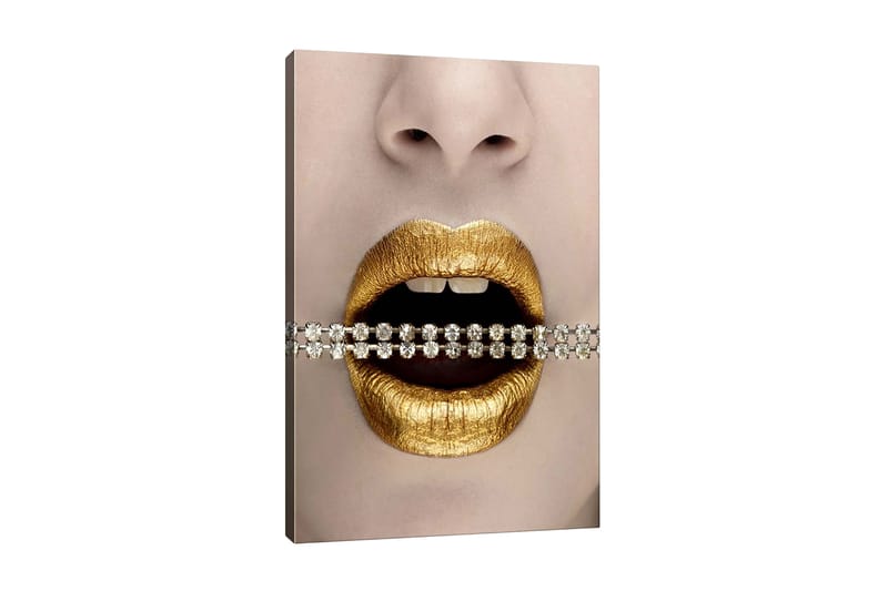 Lerretsbilde - Gylne lepper med en glitrende kjede mellom tennene, Gull / Svart / Sølv
