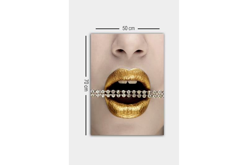 Lerretsbilde - Gylne lepper med en glitrende kjede mellom tennene - Gull / Svart / Sølv - Innredning - Bilder & kunst - Lerretsbilder