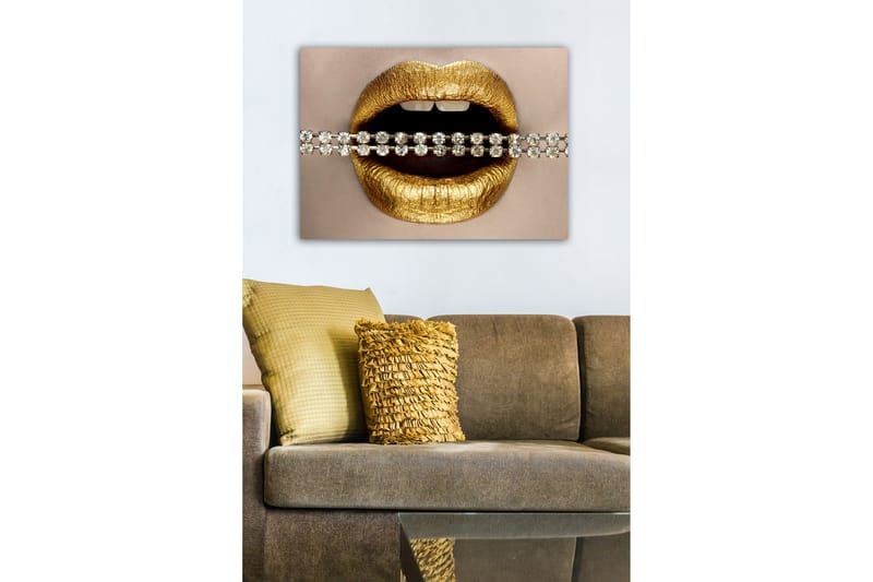 Lerretsbilde - Gylne lepper med glitrende kjede - Gull / Sølv - Innredning - Bilder & kunst - Lerretsbilder