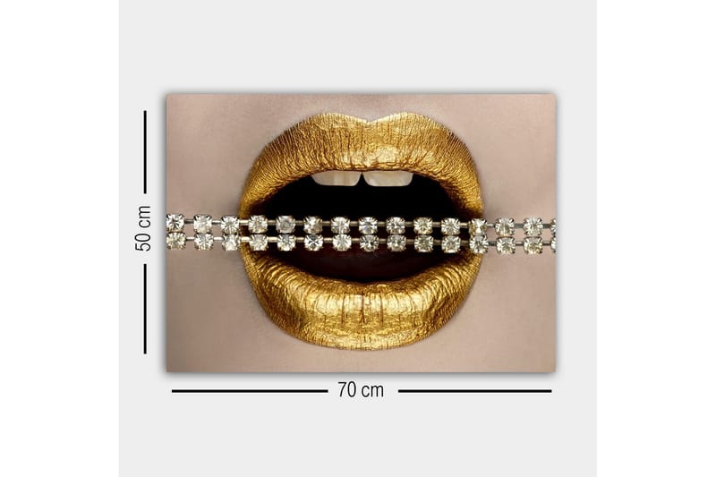 Lerretsbilde - Gylne lepper med glitrende kjede - Gull / Sølv - Innredning - Bilder & kunst - Lerretsbilder