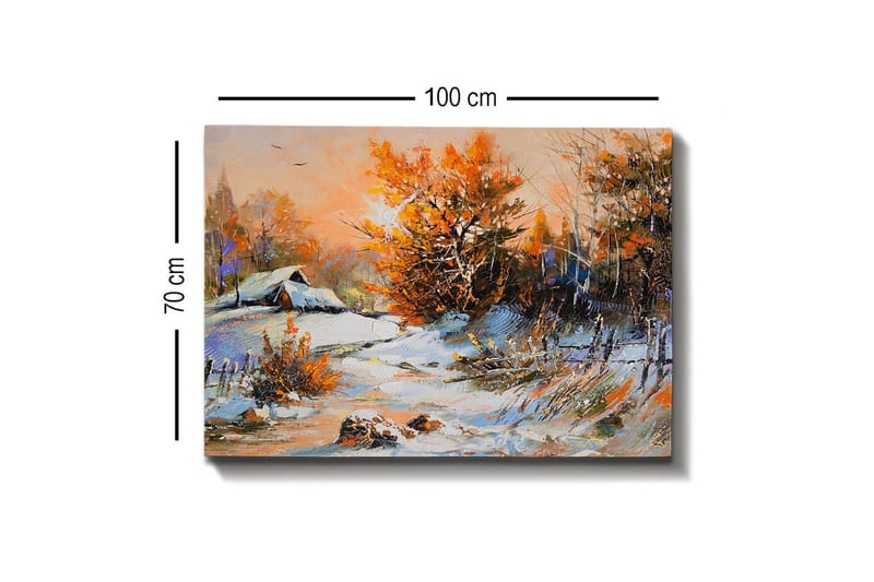 Lerretsbilde - Høstlandskap med et ensomt hus og fargerike trær - Oransje / Hvit / Blå - Innredning - Bilder & kunst - Lerretsbilder