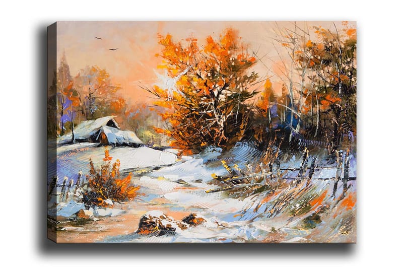 Lerretsbilde - Høstlandskap med et ensomt hus og fargerike trær, Oransje / Hvit / Blå