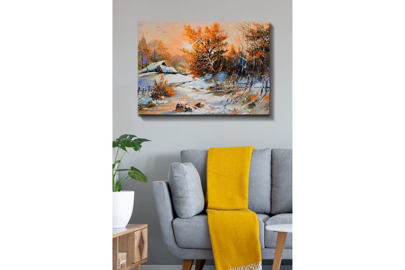 Lerretsbilde - Høstlandskap med et ensomt hus og fargerike trær - Oransje / Hvit / Blå - Innredning - Bilder & kunst - Lerretsbilder