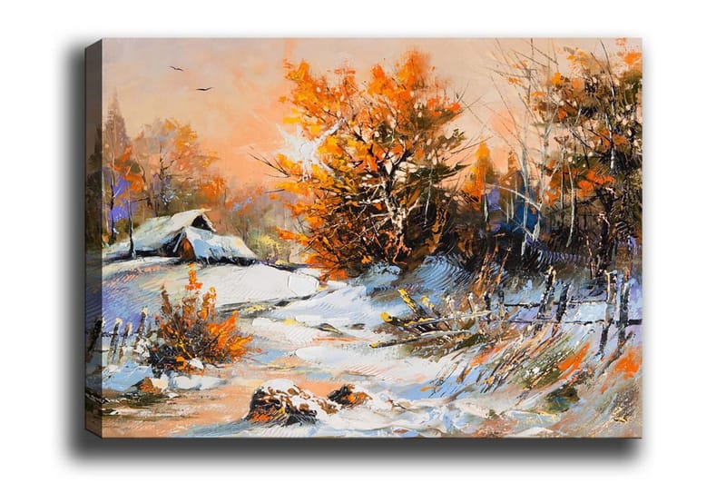 Lerretsbilde - Høstlandskap med et ensomt hus og fargerike trær, Oransje / Hvit / Blå