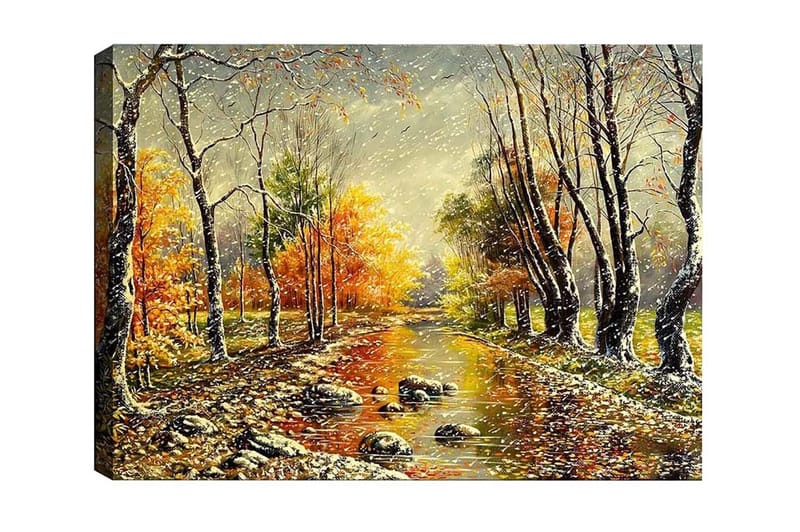 Lerretsbilde - Høstlandskap med fargerike trær og en speilblank elv, Oransje / Grønn / Brun