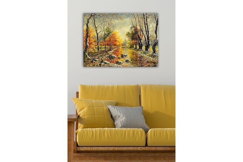 Lerretsbilde - Høstlandskap med fargerike trær og en speilblank elv - Oransje / Grønn / Brun - Innredning - Bilder & kunst - Lerretsbilder