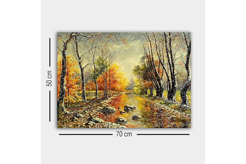 Lerretsbilde - Høstlandskap med fargerike trær og en speilblank elv - Oransje / Grønn / Brun - Innredning - Bilder & kunst - Lerretsbilder