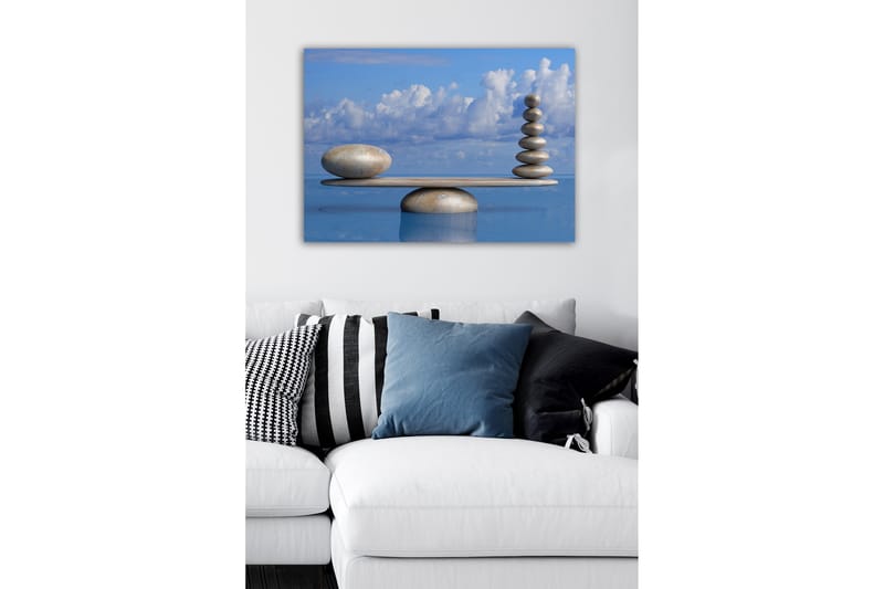 Lerretsbilde - Harmonisk balanse av steiner på en plattform - Lys blå / Beige / Grå - Innredning - Bilder & kunst - Lerretsbilder