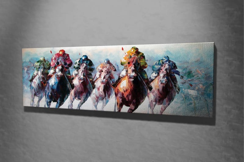 Lerretsbilde - Hester i full galopp med jockeyer i fargerike klær - Rød / Grønn / Blå - Innredning - Bilder & kunst - Lerretsbilder