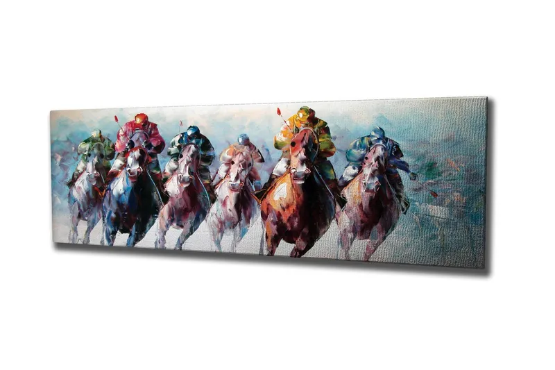 Lerretsbilde - Hester i full galopp med jockeyer i fargerike klær, Rød / Grønn / Blå