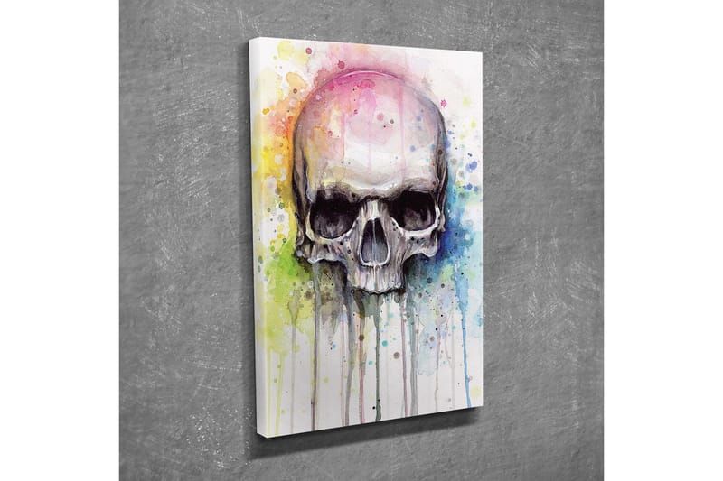 Lerretsbilde - Hodeskalle med fargerike akvarellsprut i bakgrunnen - Svart / Lyseblå / Gul - Innredning - Bilder & kunst - Lerretsbilder