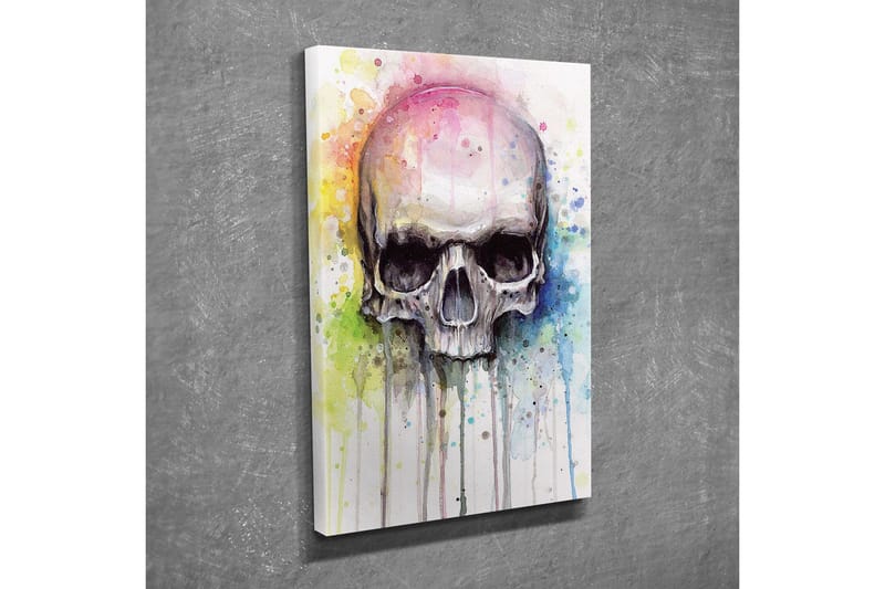 Lerretsbilde - Hodeskalle med fargerike akvarellsprut i bakgrunnen - Svart / Lyseblå / Gul - Innredning - Bilder & kunst - Lerretsbilder