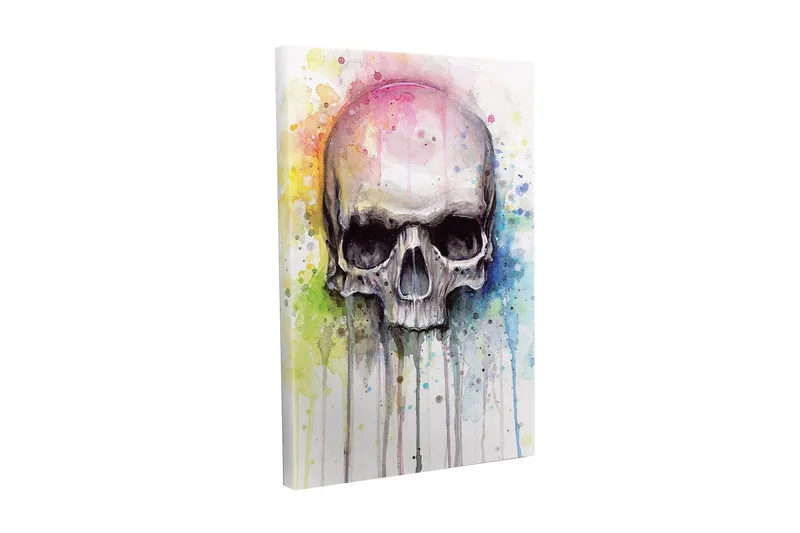 Lerretsbilde - Hodeskalle med fargerike akvarellsprut i bakgrunnen, Svart / Lyseblå / Gul