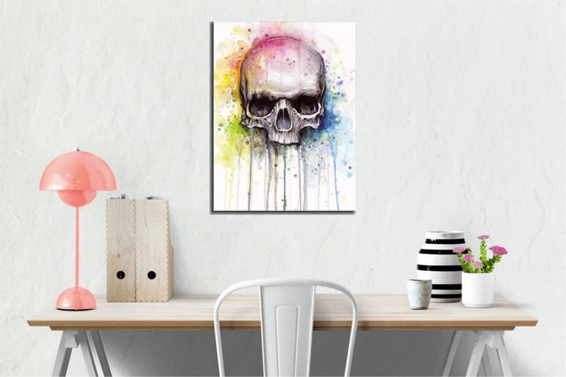 Lerretsbilde - Hodeskalle med fargerike akvarellsprut i bakgrunnen - Svart / Lyseblå / Gul - Innredning - Bilder & kunst - Lerretsbilder