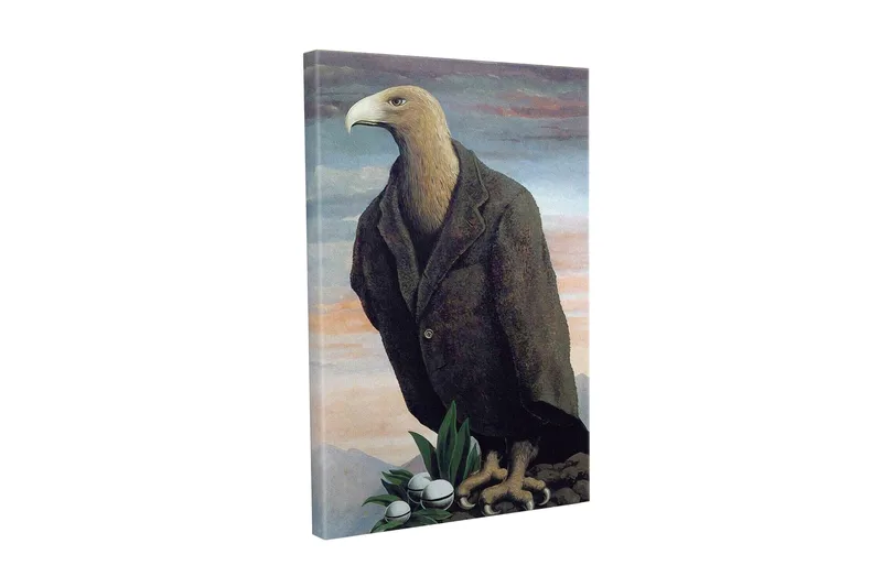 Lerretsbilde - Humanisert ørn i dress som står på en klippe, Mørk brun / Grønn / Lys blå