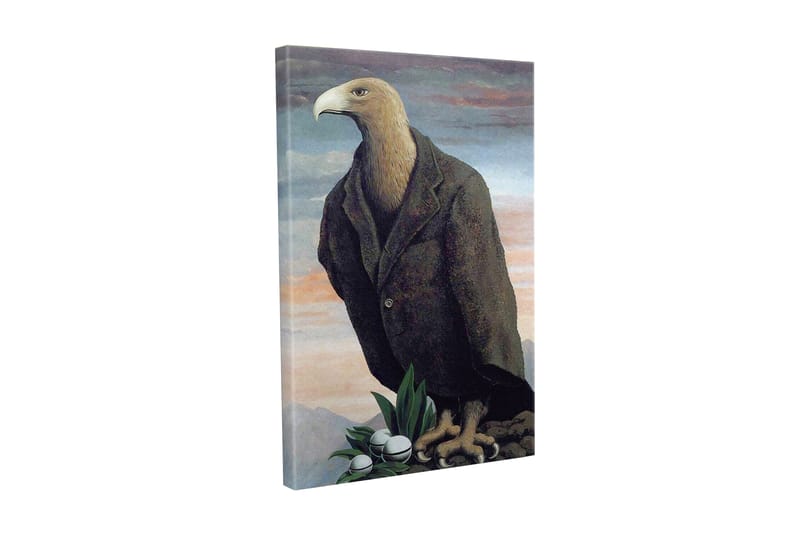 Lerretsbilde - Humanisert ørn i dress som står på en klippe, Mørk brun / Grønn / Lys blå
