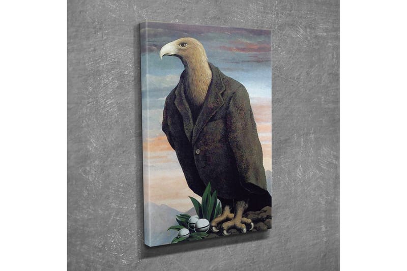 Lerretsbilde - Humanisert ørn i dress som står på en klippe - Mørk brun / Grønn / Lys blå - Innredning - Bilder & kunst - Lerretsbilder