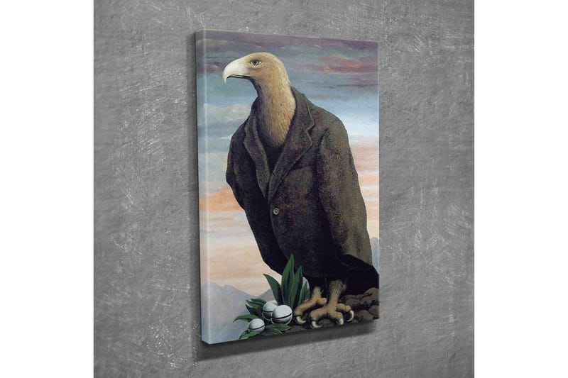 Lerretsbilde - Humanisert ørn i dress som står på en klippe - Mørk brun / Grønn / Lys blå - Innredning - Bilder & kunst - Lerretsbilder