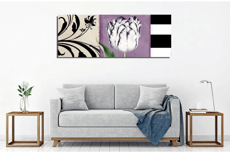Lerretsbilde - Hvit tulipan mot lilla bakgrunn - Hvit / Lilla / Svart - Innredning - Bilder & kunst - Lerretsbilder