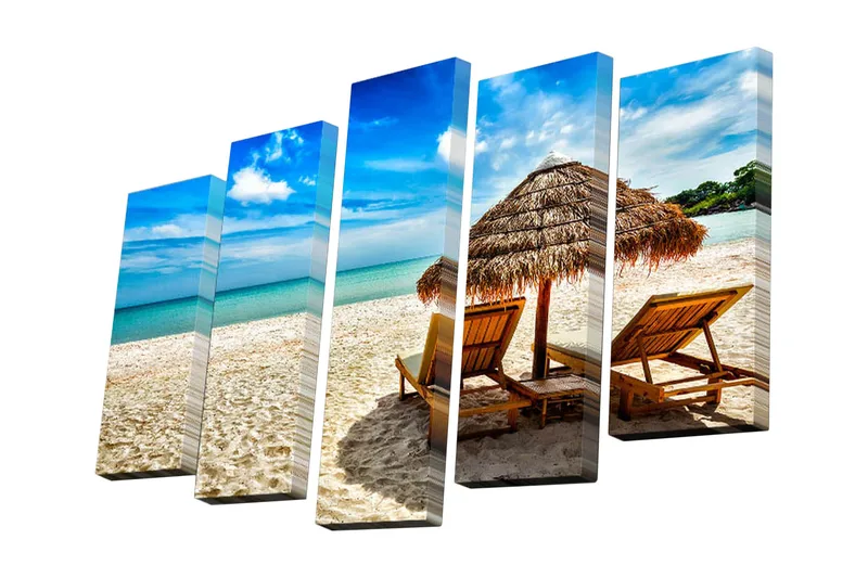 Lerretsbilde i 5 deler 82x50 cm - Avslappende strandscene med solsenger og parasoll - Blå / Beige / Grønn - Innredning - Bilder & kunst - Lerretsbilder
