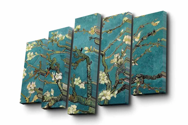 Lerretsbilde i 5 deler 82x50 cm - Blomstrende grener mot turkis bakgrunn - Turkis / Hvit / Grønn - Innredning - Bilder & kunst - Lerretsbilder