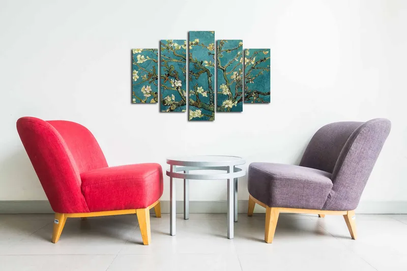 Lerretsbilde i 5 deler 82x50 cm - Blomstrende grener mot turkis bakgrunn - Turkis / Hvit / Grønn - Innredning - Bilder & kunst - Lerretsbilder