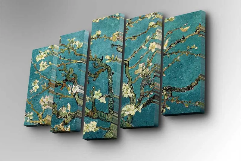 Lerretsbilde i 5 deler 82x50 cm - Blomstrende grener mot turkis bakgrunn - Turkis / Hvit / Grønn - Innredning - Bilder & kunst - Lerretsbilder