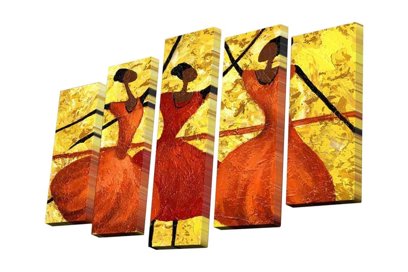 Lerretsbilde i 5 deler 82x50 cm - Dansende kvinner i fargerike kjoler - Oransje / Gull / Svart - Innredning - Bilder & kunst - Lerretsbilder