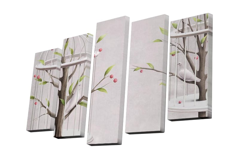 Lerretsbilde i 5 deler 82x50 cm - Fugler i et bur omgitt av grener og bær - Grønn / Rosa / Brun - Innredning - Bilder & kunst - Lerretsbilder