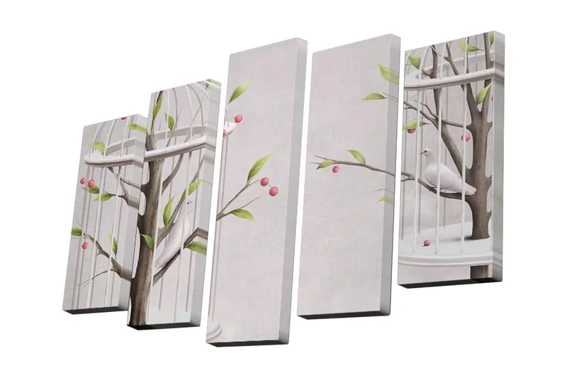 Lerretsbilde i 5 deler 82x50 cm - Fugler i et bur omgitt av grener og bær - Grønn / Rosa / Brun - Innredning - Bilder & kunst - Lerretsbilder