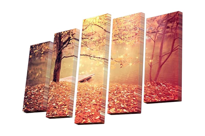 Lerretsbilde i 5 deler 82x50 cm - Høstlandskap med fargerike blader og en rolig innsjø - Gull / Oransje / Brun - Innredning - Bilder & kunst - Lerretsbilder