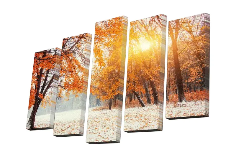 Lerretsbilde i 5 deler 82x50 cm - Høstlandskap med gylne trær og snødekt bakke - Oransje / Hvit / Brun - Innredning - Bilder & kunst - Lerretsbilder