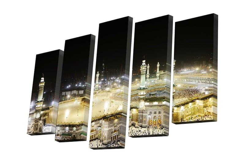 Lerretsbilde i 5 deler 82x50 cm - Nattbilde av det hellige stedet i Mekka med pilegrimer, Gull / Svart / Hvit