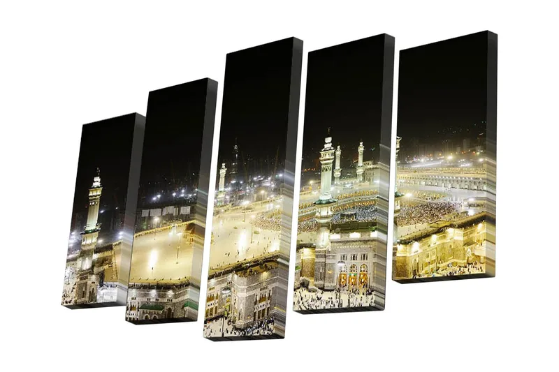 Lerretsbilde i 5 deler 82x50 cm - Nattbilde av det hellige stedet i Mekka med pilegrimer, Gull / Svart / Hvit