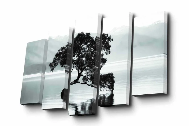 Lerretsbilde i 5 deler 82x50 cm - Silhuett av et tre ved en rolig innsjø med fjerne fjell i bakgrunnen - Svart / Grå / Hvit - Innredning - Bilder & kunst - Lerretsbilder