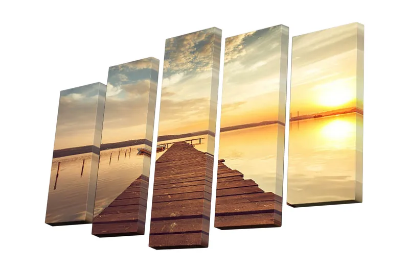 Lerretsbilde i 5 deler 82x50 cm - Solnedgang over en rolig innsjø med en trebrygge i forgrunnen - Gull / Oransje / Brun - Innredning - Bilder & kunst - Lerretsbilder