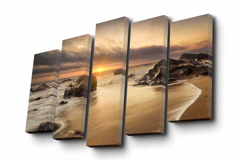Lerretsbilde i 5 deler 82x50 cm - Solnedgang over en strand med steiner og rolige bølger - Gull / Grå / Beige - Innredning - Bilder & kunst - Lerretsbilder