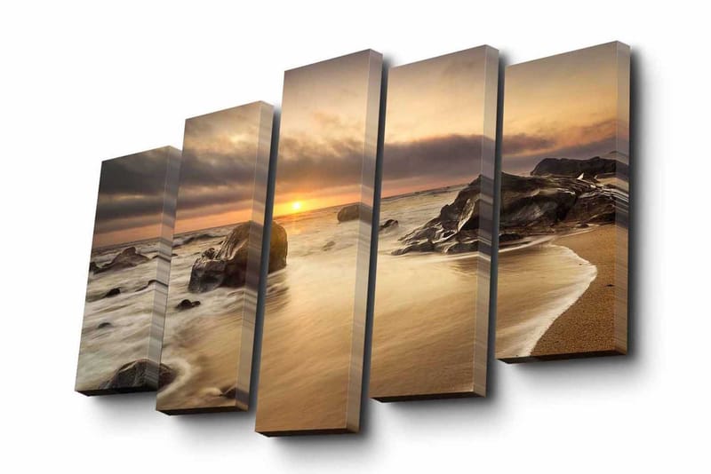 Lerretsbilde i 5 deler 82x50 cm - Solnedgang over en strand med steiner og rolige bølger - Gull / Grå / Beige - Innredning - Bilder & kunst - Lerretsbilder