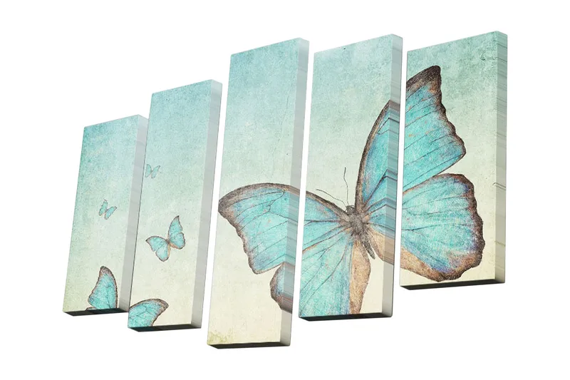 Lerretsbilde i 5 deler 82x50 cm - Store sommerfugler i forskjellige blånyanser - Blå / Turkis - Innredning - Bilder & kunst - Lerretsbilder