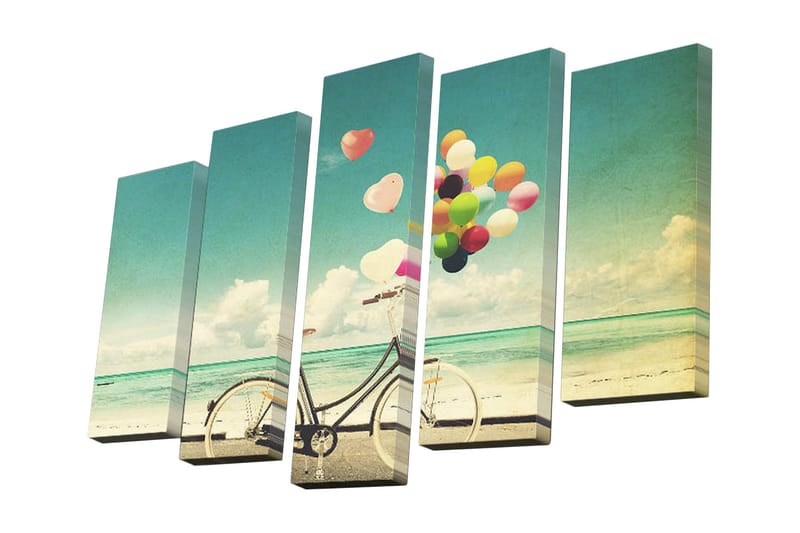 Lerretsbilde i 5 deler 82x50 cm - Sykkel med fargerike ballonger på stranden - Turkis / Hvit / Svart - Innredning - Bilder & kunst - Lerretsbilder