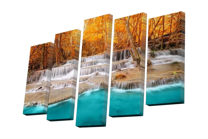 Lerretsbilde i 5 deler 82x50 cm - Vakker foss med høstfarger og klare, turkise vannflater - Oransje / Turkis / Beige - Innredning - Bilder & kunst - Lerretsbilder