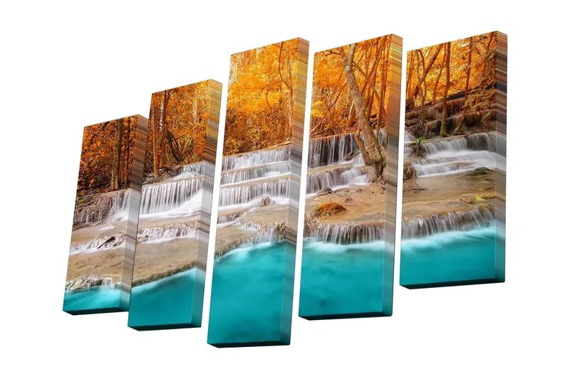 Lerretsbilde i 5 deler 82x50 cm - Vakker foss med høstfarger og klare, turkise vannflater - Oransje / Turkis / Beige - Innredning - Bilder & kunst - Lerretsbilder