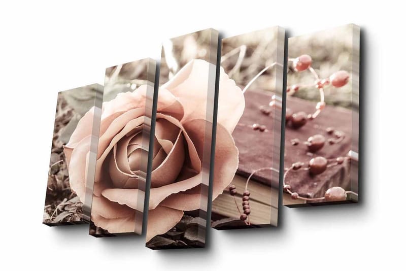Lerretsbilde i 5 deler 82x50 cm - Vakker rose i myke toner med en bok og dekorative perler i bakgrunnen, Lys rosa / Brun / Beige