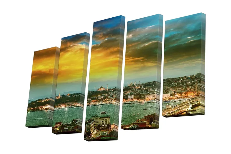 Lerretsbilde i 5 deler 82x50 cm - Vakker utsikt over Istanbul ved solnedgang - Gull / Blå / Grønn - Innredning - Bilder & kunst - Lerretsbilder