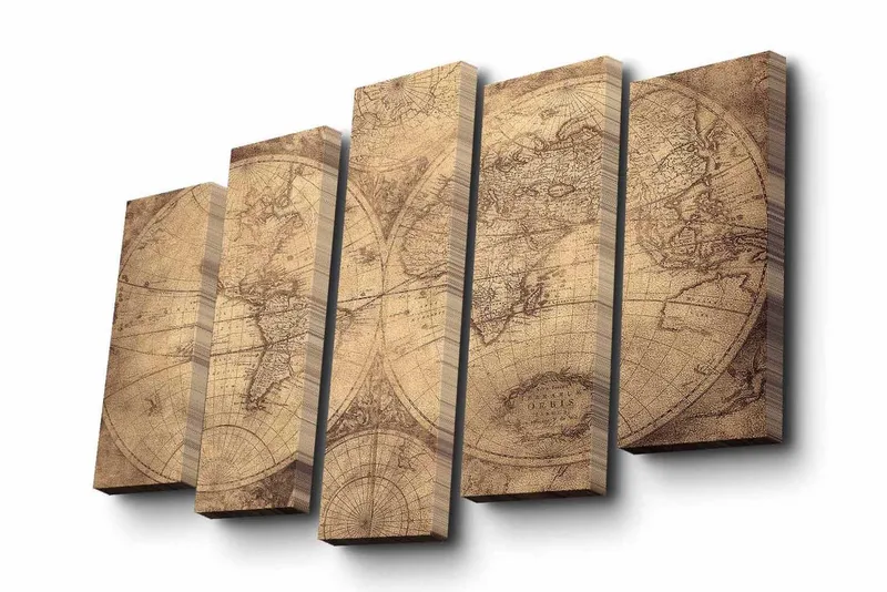 Lerretsbilde i 5 deler 82x50 cm - Vintage verdenskart med detaljerte konturer og koordinater - Beige / Brun - Innredning - Bilder & kunst - Lerretsbilder